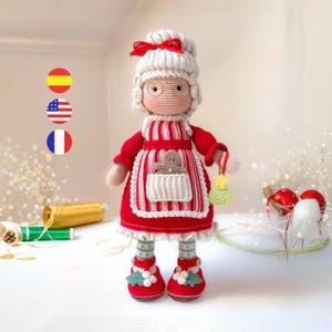 Mrs. Claus crochet amigurumi doll pattern, Christmas crochet tutorial, instant download PDF / English - Spanish and French