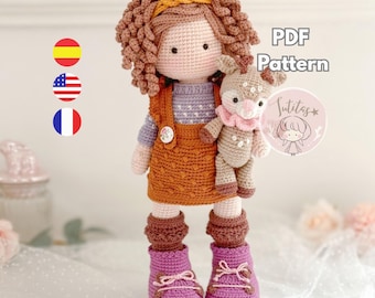 Alma, eine romantische Häkelpuppe in Amigurumi-Technik, inklusive Reh. Anleitung zum sofortigen Download verfügbar (Englisch, Spanisch, Französisch).