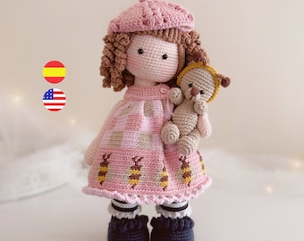 Honey, Häkelanleitung für Amigurumi-Puppen, PDF-Sofort-Download, Anleitung für Amigurumi-Mädchen, inklusive Bär / Englisch – Spanisch