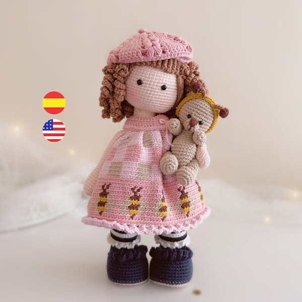 Miel, patrón de muñeca amigurumi a crochet, PDF de descarga inmediata, tutorial de niña amigurumi, incluye oso / English - Español