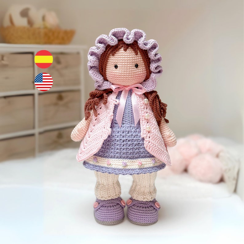 Emma, romantisches Amigurumi-Puppenmuster, sofortiger Download in PDF / Spanisch Englisch Bild 1