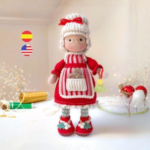 Schema per bambola amigurumi all&#39;uncinetto della signora Claus, tutorial all&#39;uncinetto natalizio, PDF scaricabile / spagnolo e inglese
