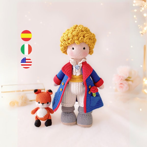 El principito, el zorro y la rosa, patrón de muñeco amigurumi a crochet, PDF descargable, pequeño principe /English - Español - Italiano