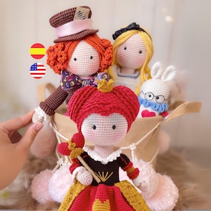 Pacote de padrões de crochê, amigurumi: Alice no País das Maravilhas, o Coelho Branco, a Rainha Vermelha e o Chapeleiro. / Inglês - Espanhol