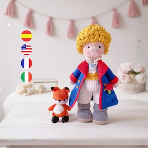 Patrón del Principito, el zorro y la rosa, muñeco amigurumi a crochet, pequeño principe /English - Español - Italiano - Francés