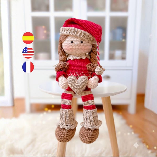 Christmas elf crochet pattern doll, instant download PDF / English, French and Spanish