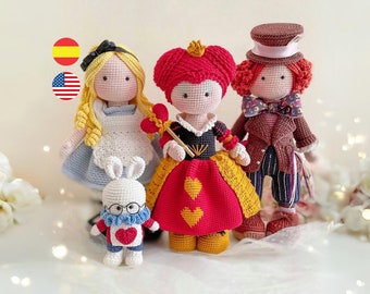 Alice in Wonderland-patrooncollectie, inclusief Alice en het Witte Konijn, Red Queen en Hatter. / Engels en Spaans