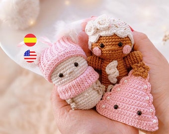 Christmas ornaments amigurumi pattern, includes Ginger cookie, christmas tree and snowman /Eng -Spa