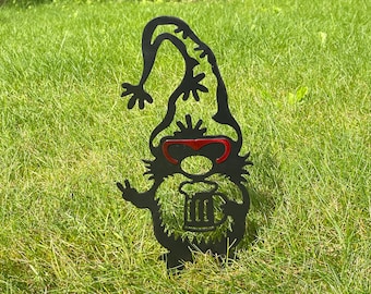 Metal Gnome with beer mug / Garden Stake / Tree Stake / Garden Art / Backyard Decor Perfect for Mother's Day / Father's Day