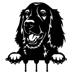 May include: Black and white silhouette of a dog peeking over a ledge with its tongue sticking out.