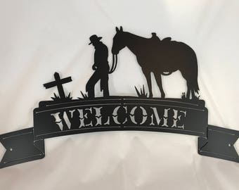 Cowboy Praying at the Cross Welcome Metal Art