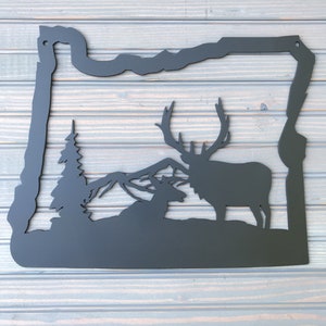 Oregon Map with Elk and Mountain Scene and Tree metal art, wall art
