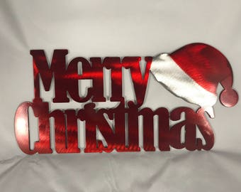 Merry Christmas with Santa Hat Metal Wall Art
