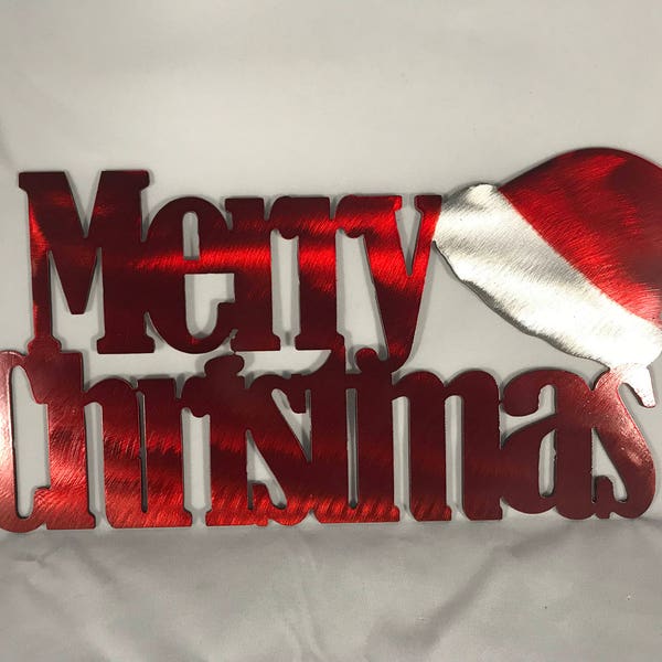 Arte de pared de metal con gorro de Papá Noel y Feliz Navidad