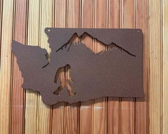 Washington State Bigfoot Metal Wall Art: Rustic Mountain Scene
