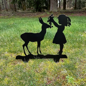 Sophia Feeding a Deer / Garden Stake  / Garden Art / Metal Silhouette / Backyard Decor Perfect Mother&#39;s Day Gift