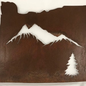 Oregon Map with Mountain Scene and Tree metal art, wall art