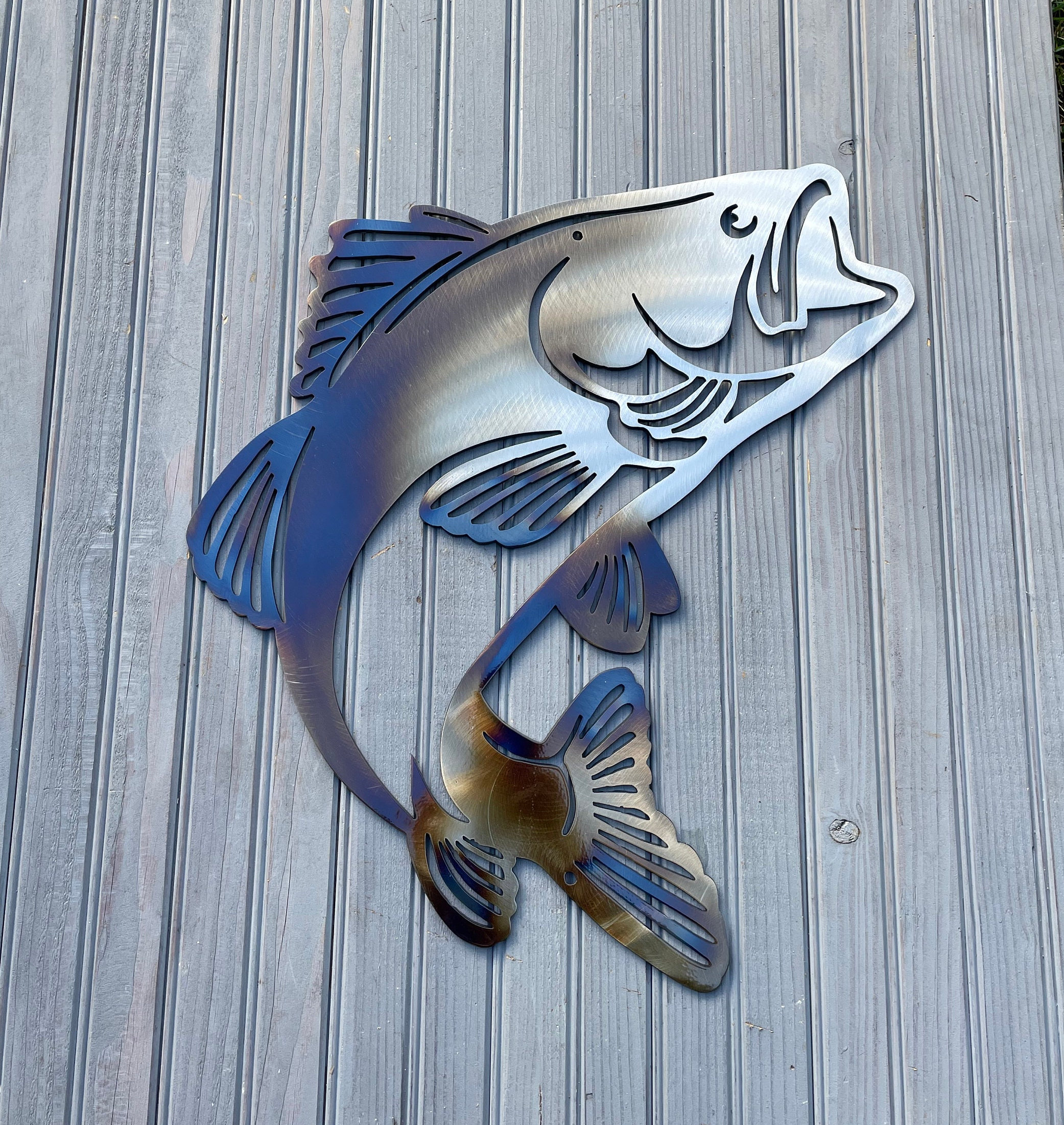 Large Mouth Bass Fish Metal Wall Art Sculpture Cabin Art 