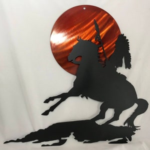 Indian Brave Warrior Riding with Sun In The Background 3D Metal Art