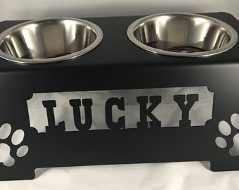 Personalized Elevated Dog Feeder: Metal Art Dog Bowl Stand