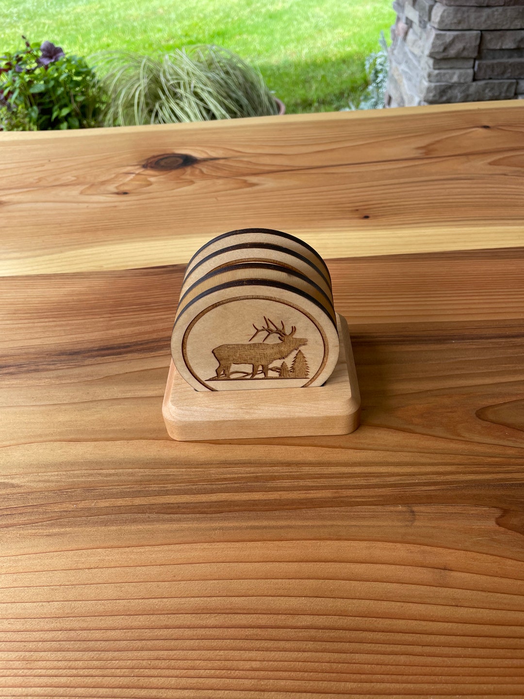 Elk Coaster Set. 5 Piece Set Includes 4 Coasters and 1 Holder. Makes