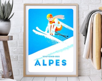 Vintage poster Travel, Ski, Alps, Mountain, vintage poster, retro, sport, travel, wall art