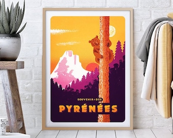 Vintage poster Travel, Pyrenees, ski, mountain, winter, vintage poster, retro, travel, travel, wall art