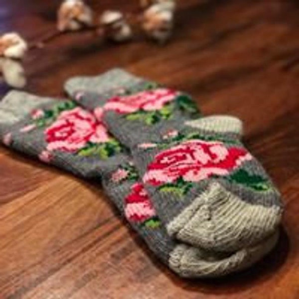 Made in Ukraine Sheep Wool Socks Knitted Cozy Wool Socks, 100% Wool Socks, Gray Roses GR11