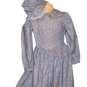 Prairie Pioneer Dress & Bonnet Set: Blue Calico, Girls Size 7/8