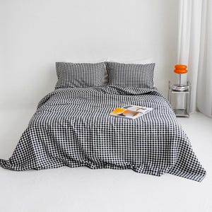 Black Gingham Linen Duvet Cover and Pillowcases, Linen King Bedding Set With Buttons, Linen Doona Cover with Shams, Boho Linen Bedding