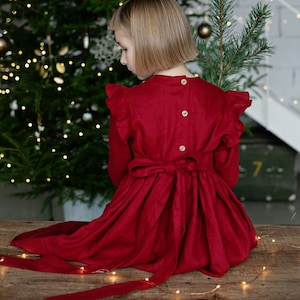 Girls Red Linen Christmas Dress With Buttons And Ribbon, Festive Linen Dress With Long Sleeves, Long Sleeve Linen Christmas Photoshoot Dress image 1