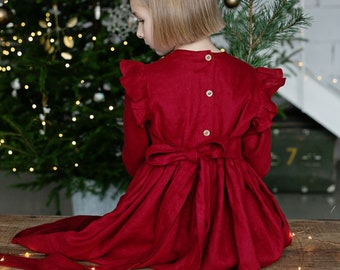 Girls Red Linen Christmas Dress With Buttons And Ribbon, Festive Linen Dress With Long Sleeves, Long Sleeve Linen Christmas Photoshoot Dress