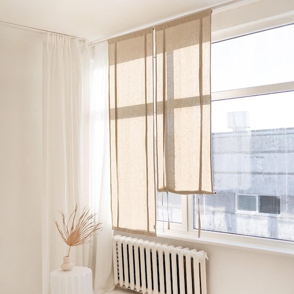Natural Linen Roll-Up blind, Linen Window Blind with Ties,