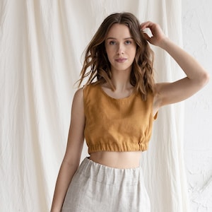 Amber Linen Crop Top, Short Linen Summer Top, Women Linen Blouse With Elastic Band, Linen Tank Top, Sleeveless Linen Top image 1