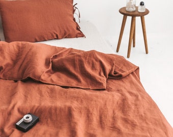 Rust Linen Duvet Cover, Burnt Orange Softened Bedding
