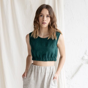 Emerald Linen Crop Top, Short Linen Summer Top, Women&#39;s Linen Blouse With Elastic Band, Linen Tank Top, Sleeveless Linen Top