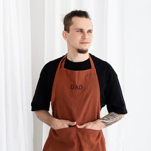 Personalized Linen Apron For Dad, Linen Apron With Embrodery, Embroidered Chef Apron For Father And Mother, Unisex Linen Apron Embroiderery image 1