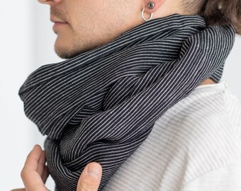 Schwarzer Leinen-Schal mit Nadelstreifen, weicher Fransen-Schal, Unisex, europäisches Leinen