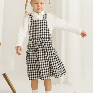 Girls Linen Pinafore Dress, Natural Black Gingham Linen Vintage Dress For Girl, Toddler Linen Boho Dress, Linen Gingham Summer Dress