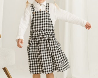 Girls Linen Pinafore Dress, Natural Black Gingham Linen Vintage Dress For Girl, Toddler Linen Boho Dress, Linen Gingham Summer Dress