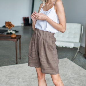 High Waisted Linen Shorts With Elastic Waistband, Linen Bermuda Shorts, High Waist Linen Shorts With Pockets, Summer Linen Shorts