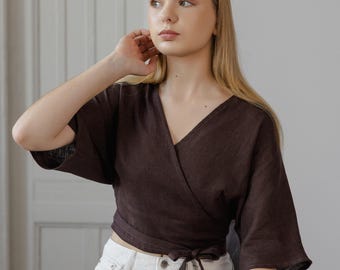 Brown Linen Blouse, Linen Wrap Top, Linen Wrap Blouse, Black Wrapped Top, Linen Wrapped Blouse