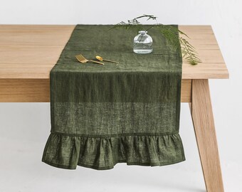 Dark green linen table runner with ruffle, Soft linen table runner, Rustic Christmas linen table decor, Ruffled long linen table runner