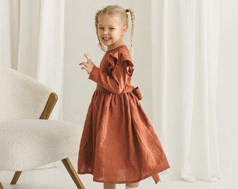 Girls Rusty Linen Christmas Dress With Buttons And Ribbon, Festive Linen Dress With Long Sleeves, Long Sleeve Linen Rust Photoshoot Dress