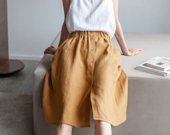 Linen Skirt With Buttons,  Midi Linen Skirt With Elastic Band, Knee-length Linen Skirt, Buttoned Linen Skirt With Pockets