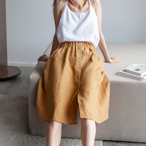 Linen Skirt With Buttons,  Midi Linen Skirt With Elastic Band, Knee-length Linen Skirt, Buttoned Linen Skirt With Pockets