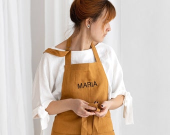 Full Linen Apron With Embroidery, Personalized Linen Apron, Embroidered Linen Apron For Women And Men, Unisex Linen Apron With Name