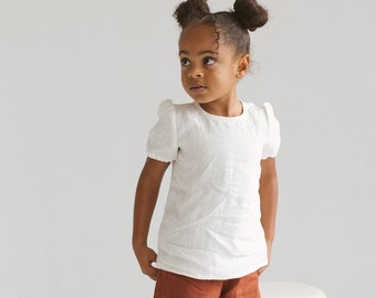 Girls Linen Top, Bishop Sleeves Linen Top For Girl,Short Linen Girls Tank Top, White Linen Girls Blouse,Short White Sleeves Girls Top