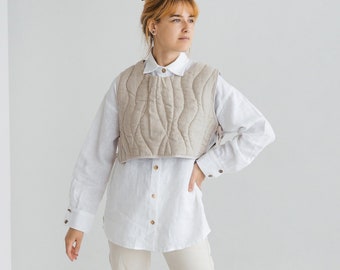 Quilted Linen Vest With Wool Filling,Padded Linen Waistcoat,Natural light Linen Vest,Short Linen Vest,Double Sided Linen Women Vest