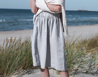 Grey Linen Skirt With Pockets,  Midi Linen Skirt With Elastic Band, Knee-length Linen Skirt